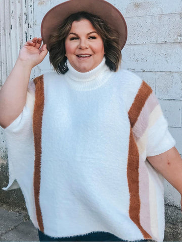 Vanilla Striped Fuzzy Poncho Wrap